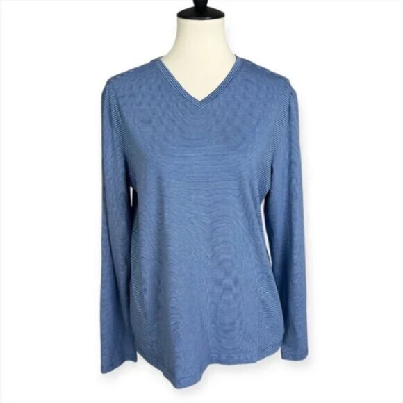 Calvin Klein Long Sleeve V-Neck 100% Cotton‎ Tee Blue Striped Quality Basic Sz M - Picture 1 of 7